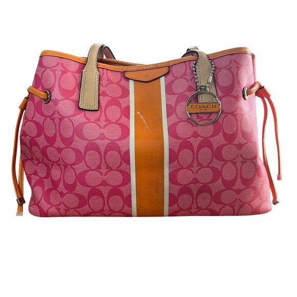 Coach Accessories - Coach Pink Signature Stripe Tote Bag Orange Trim Leather Handbag
